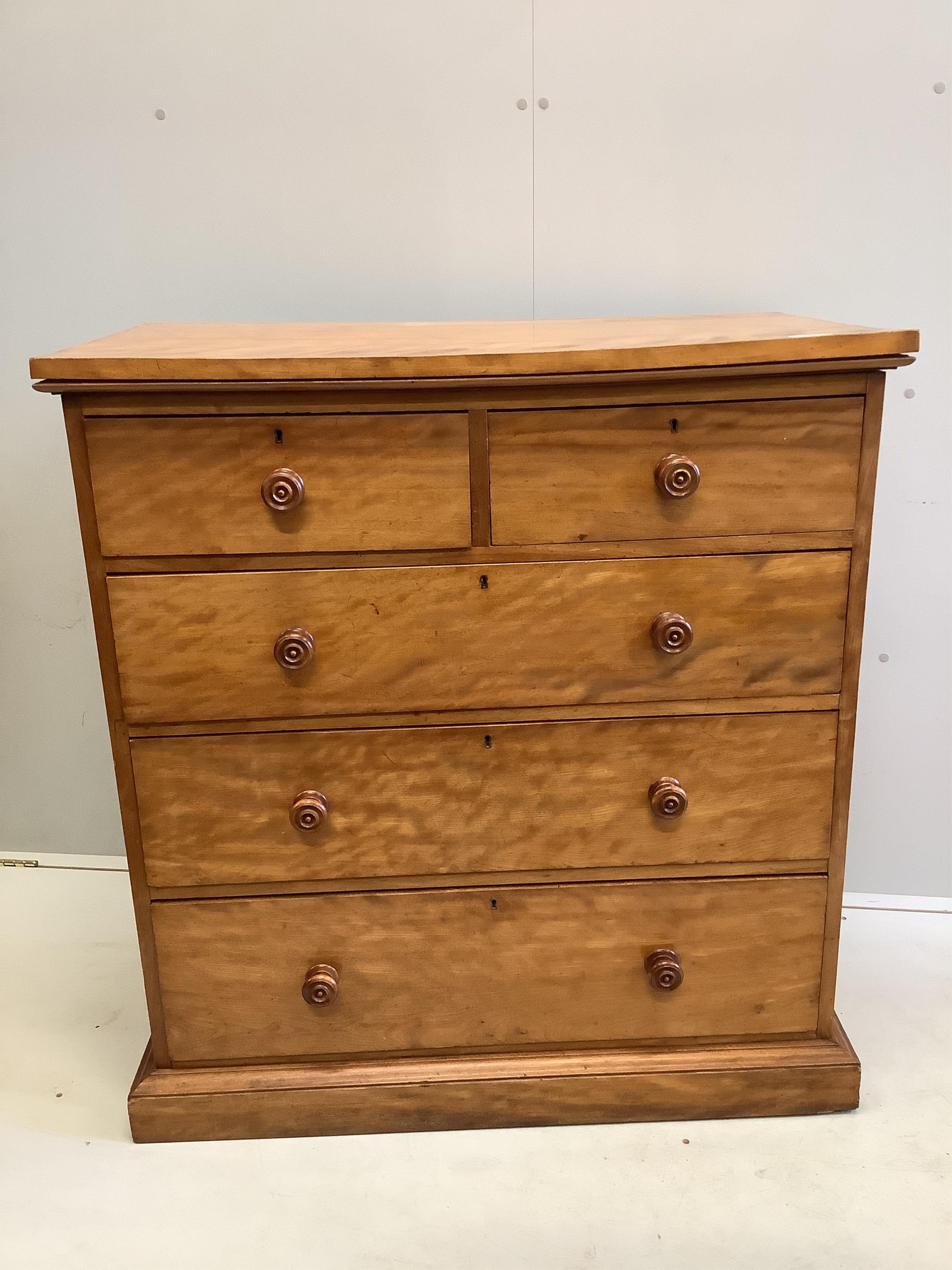 A Victorian satin birch five drawer chest, width 95cm, depth 53cm, height 101cm. Condition - fair